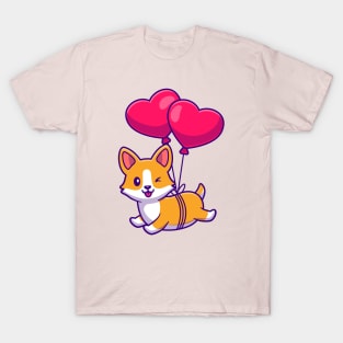 Cut Corgi Dog Floating With Heart Love Balloon T-Shirt